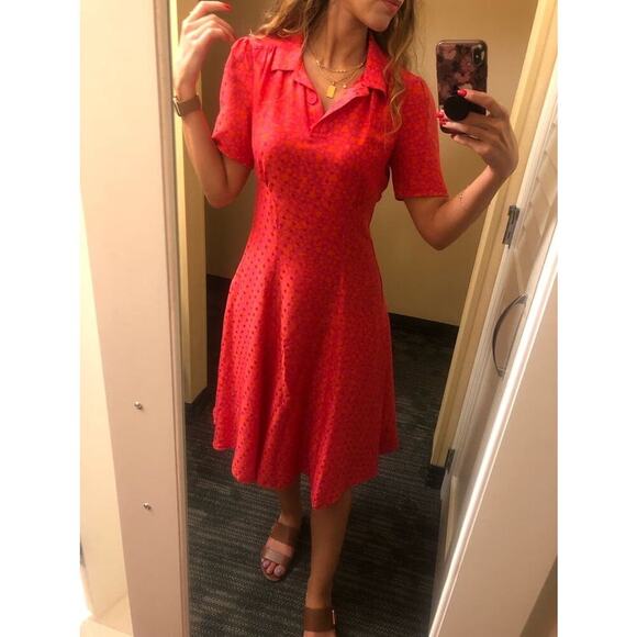 TARA JARMON Rozenn Neon Pink Heart Printed Button Collared Midi Dress Size 38 - Picture 2 of 11